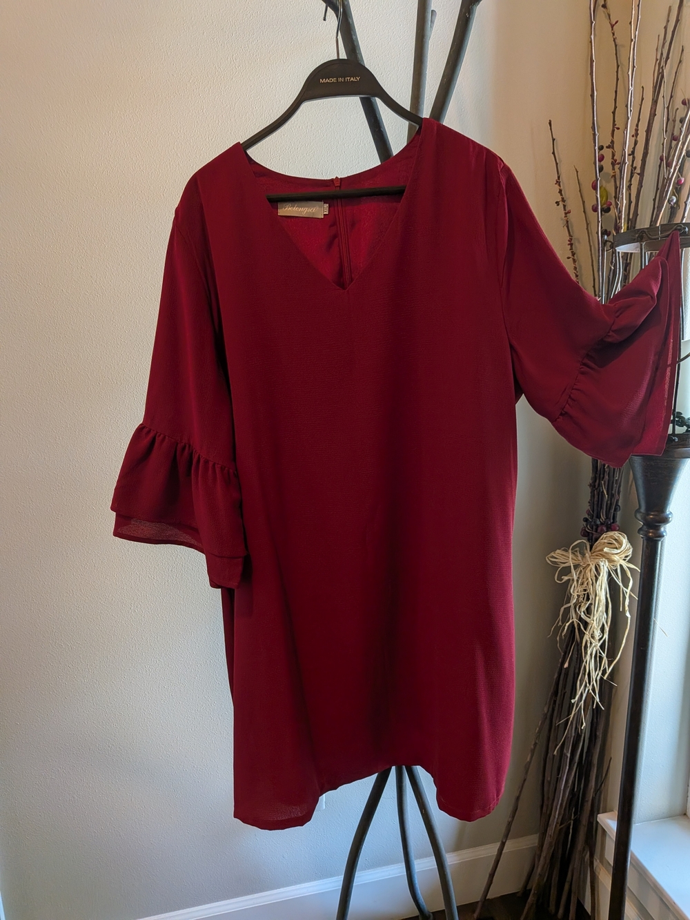 Women's Burgundy V-Neck Ruffle Sleeve Dress